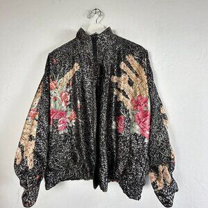 La Phia Women's Full Zip Reversible Bomber Jacket Floral Metallic Black Pockets